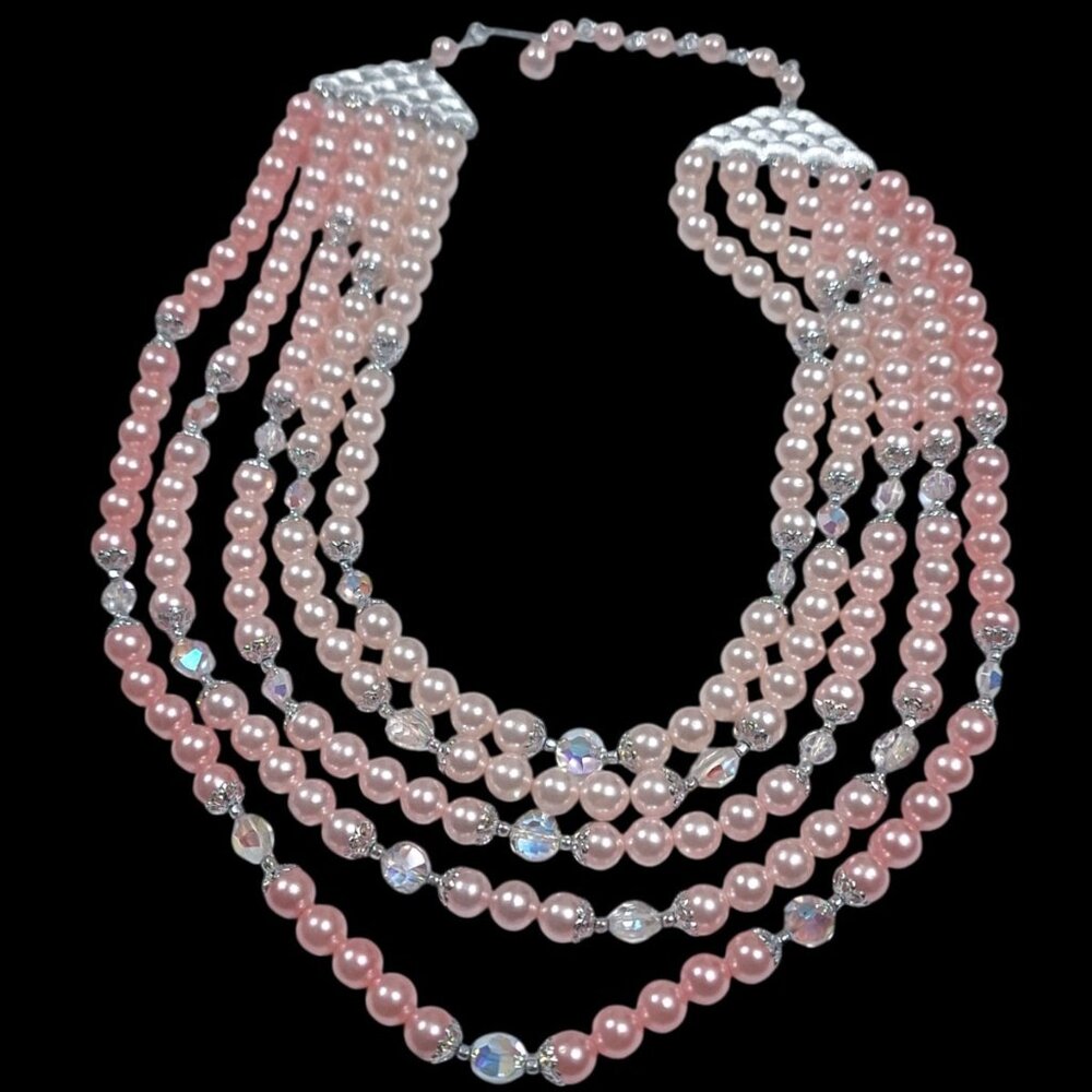 Vintage Japan 5 Strand Multi Pink Ombre Faux Pearl AB Crystal Necklace 15-18" - Picture 3 of 12